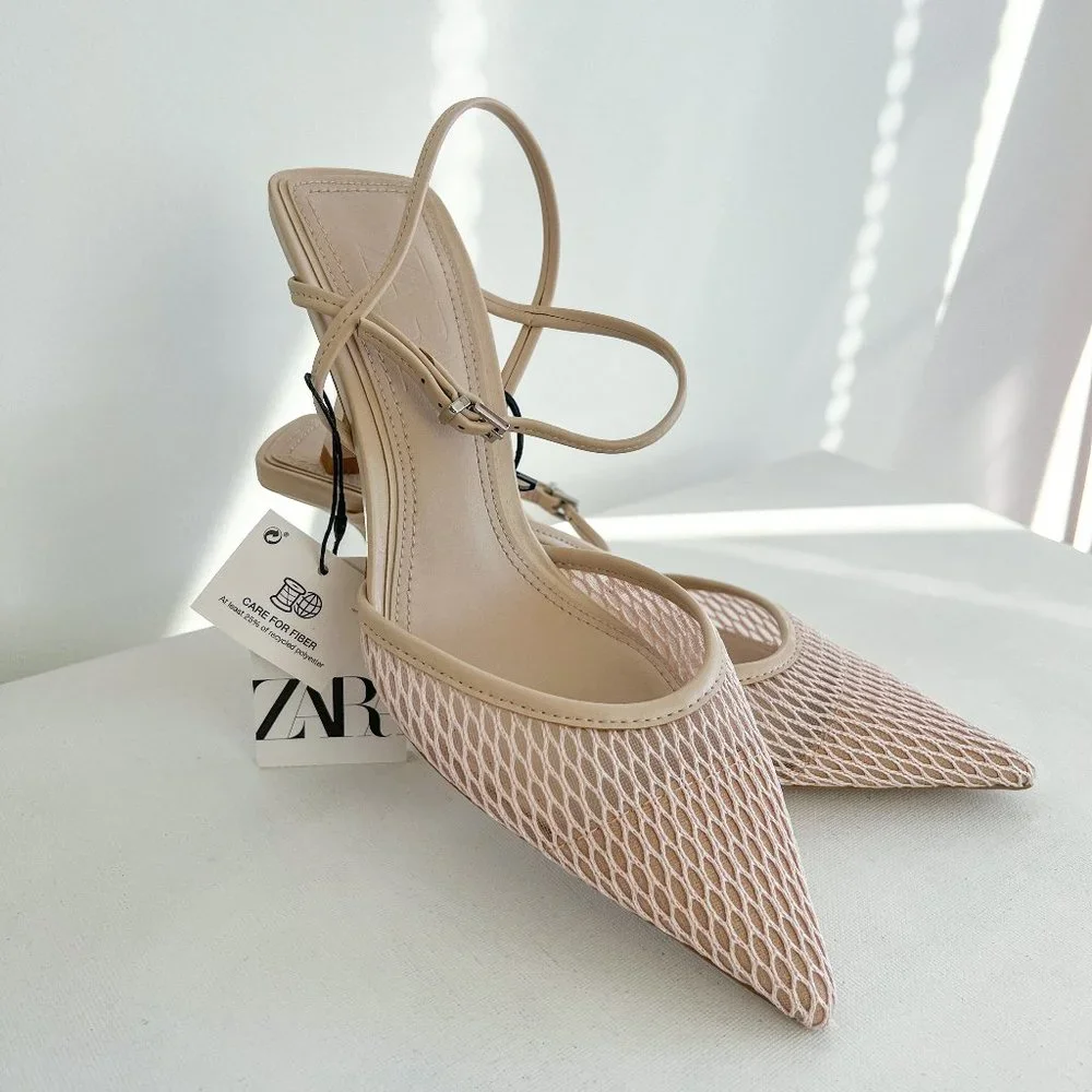 Zara Blush Pink Pointed Mesh Heels - Picture 2 of 6